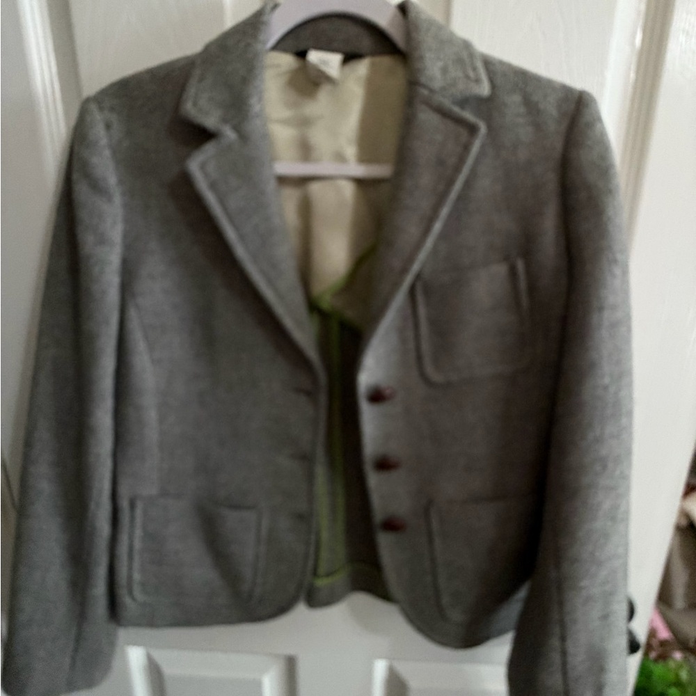 J. Crew Gray Wool Blazer with Pink & Green Trim